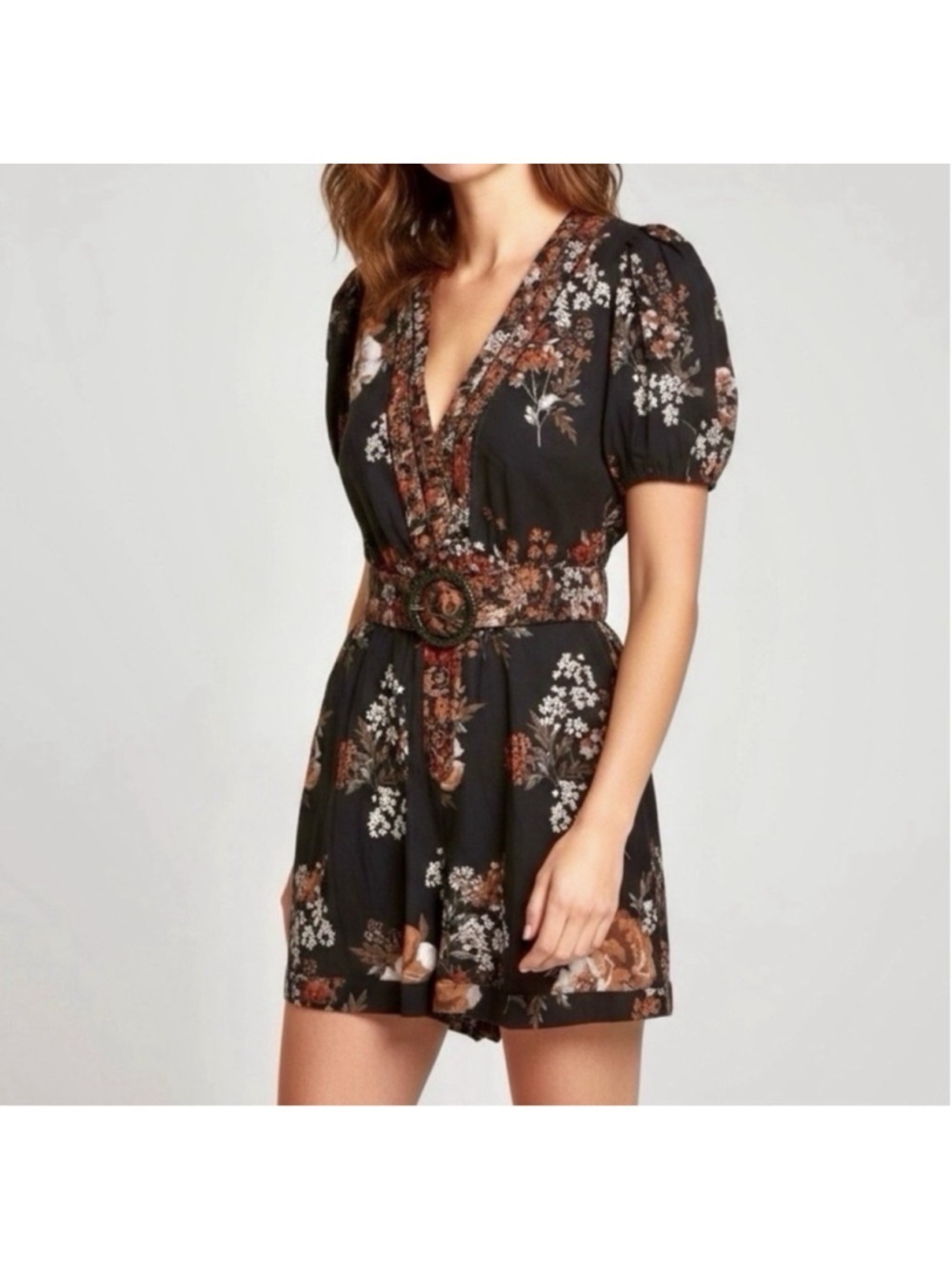 Caroline Constas Floral Shorts Romper Sz 8 Linen Blend Puff-Sleeve Belted Luxury
